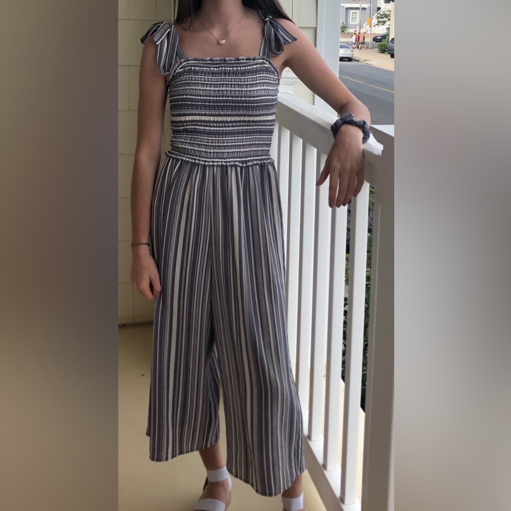 Eyeshadow Gray and White Striped Jumpsuit